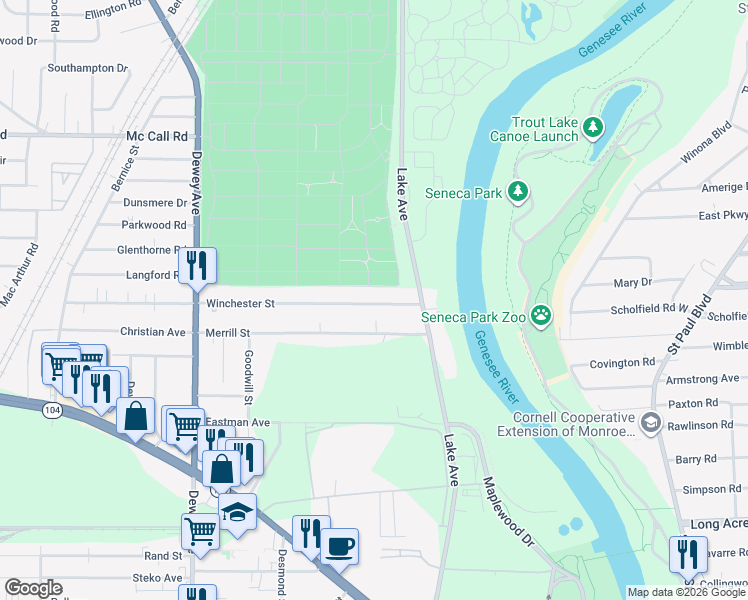map of restaurants, bars, coffee shops, grocery stores, and more near 68 Winchester Street in Rochester