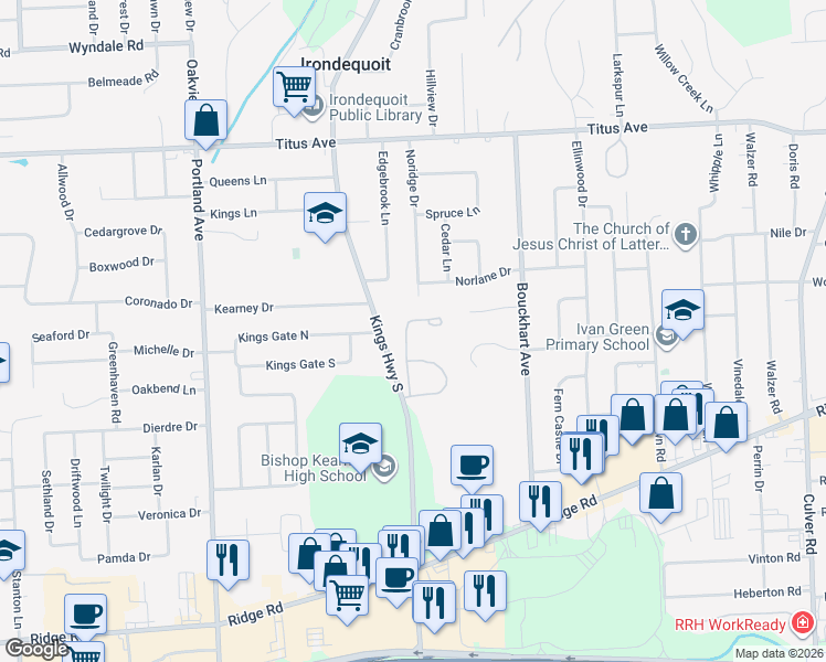 map of restaurants, bars, coffee shops, grocery stores, and more near 76 Parker Lane in Irondequoit