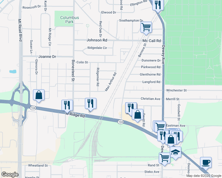 map of restaurants, bars, coffee shops, grocery stores, and more near 110 Mac Arthur Road in Rochester