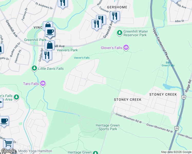 map of restaurants, bars, coffee shops, grocery stores, and more near 35 Royal Coachman Way in Hamilton