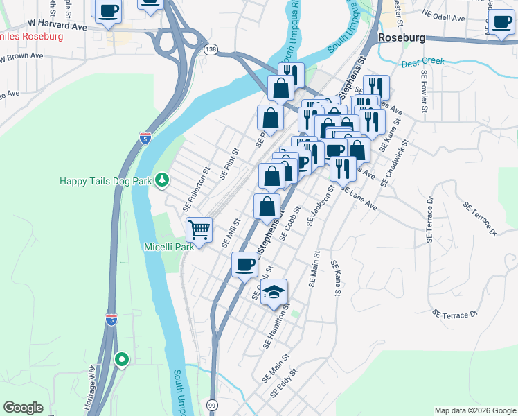 map of restaurants, bars, coffee shops, grocery stores, and more near 1106 Southeast Pine Street in Roseburg