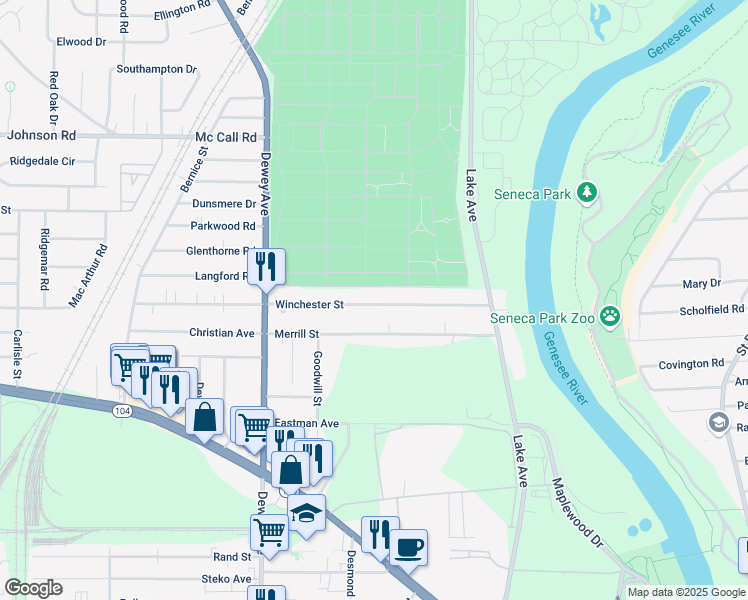 map of restaurants, bars, coffee shops, grocery stores, and more near 174 Winchester Street in Rochester