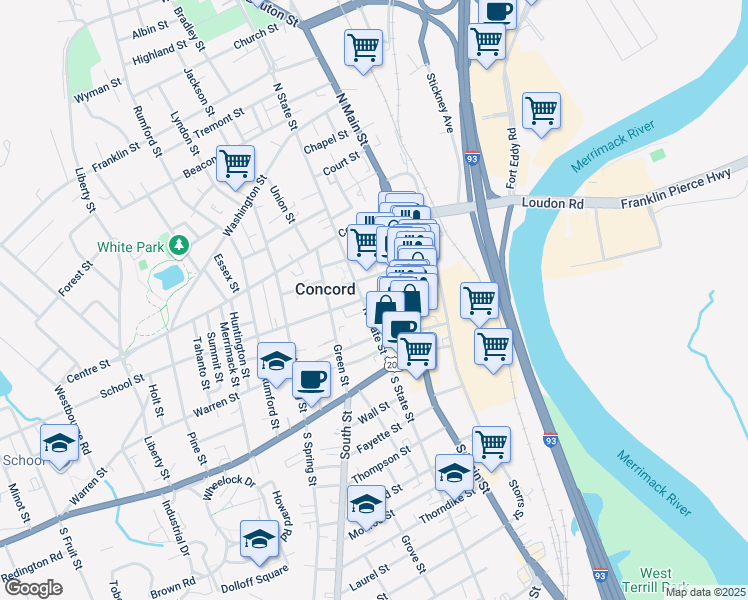 map of restaurants, bars, coffee shops, grocery stores, and more near 31 School Street in Concord
