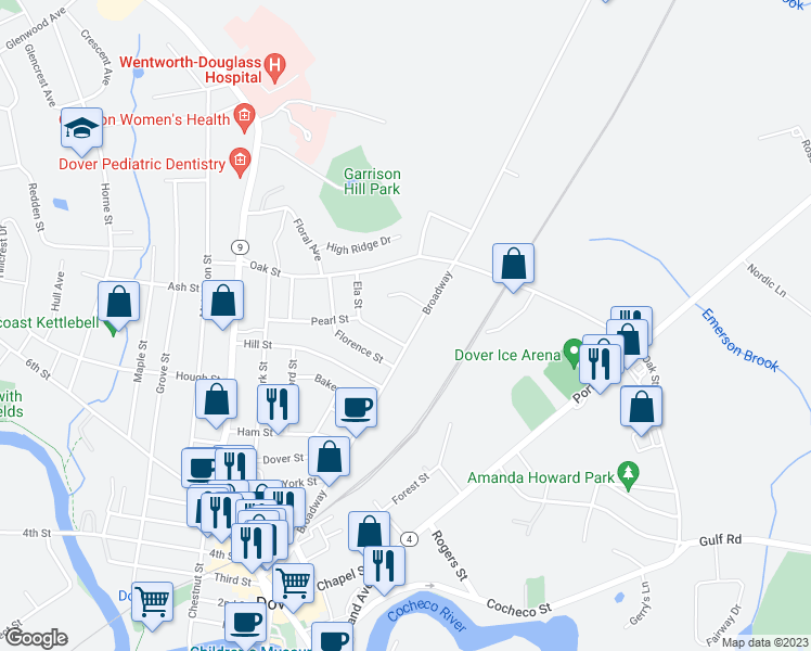 map of restaurants, bars, coffee shops, grocery stores, and more near 120 Broadway in Dover