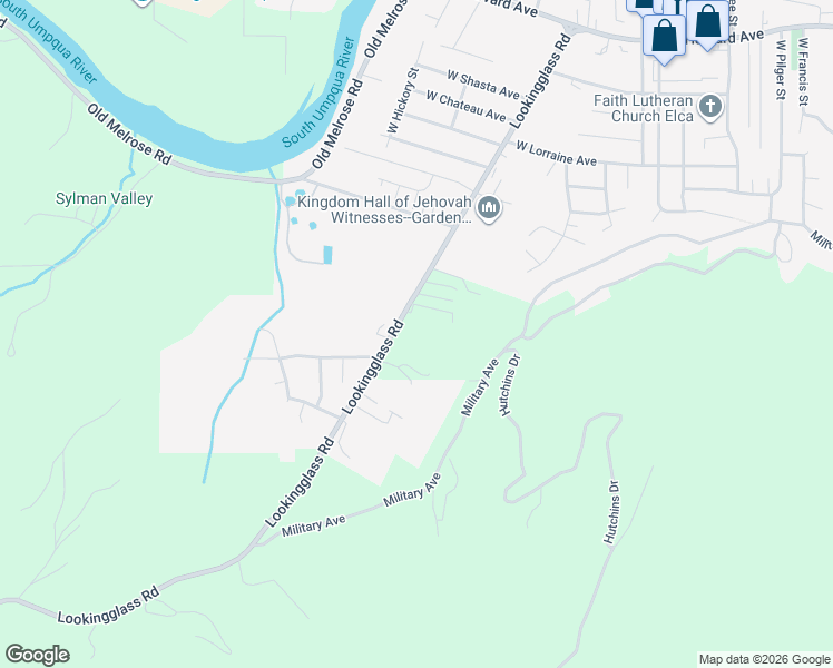 map of restaurants, bars, coffee shops, grocery stores, and more near 1448 Lookingglass Road in Roseburg