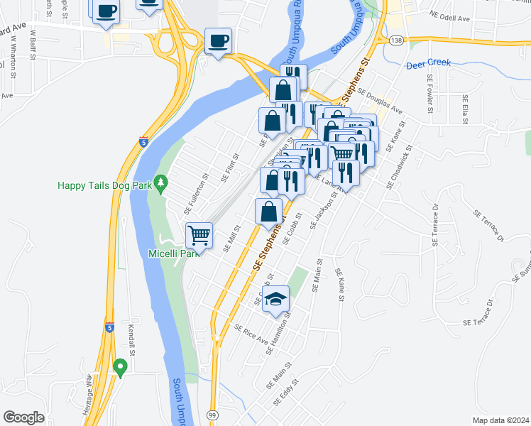 map of restaurants, bars, coffee shops, grocery stores, and more near 1024 Southeast Pine Street in Roseburg
