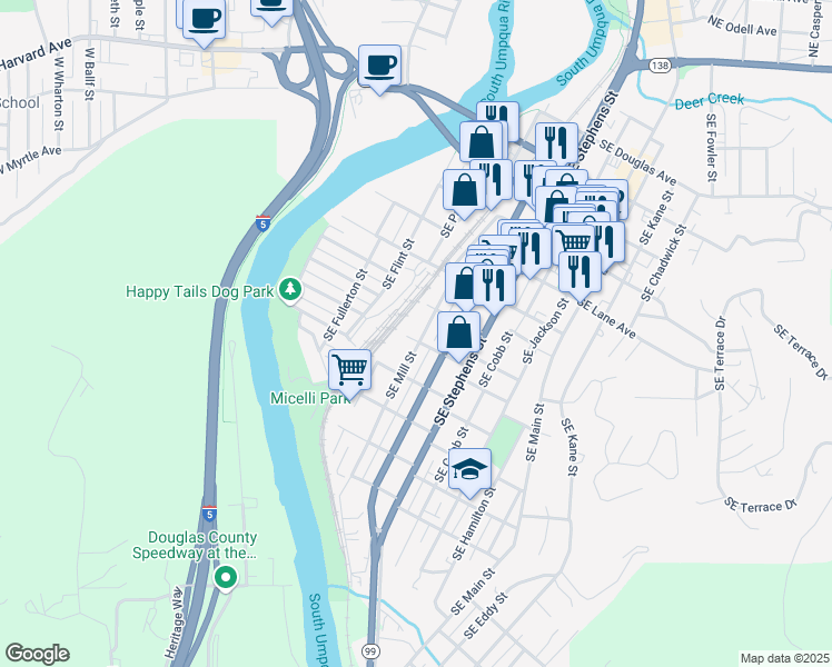 map of restaurants, bars, coffee shops, grocery stores, and more near 1124 Southeast Mill Street in Roseburg