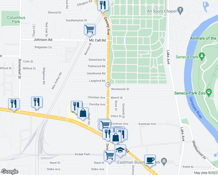 map of restaurants, bars, coffee shops, grocery stores, and more near 2064 Dewey Avenue in Rochester