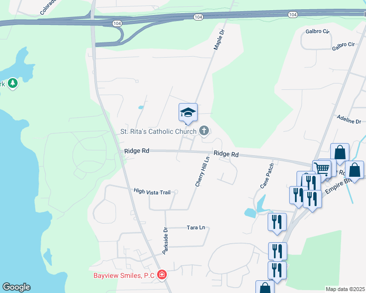 map of restaurants, bars, coffee shops, grocery stores, and more near 474 Ridge Road in Webster