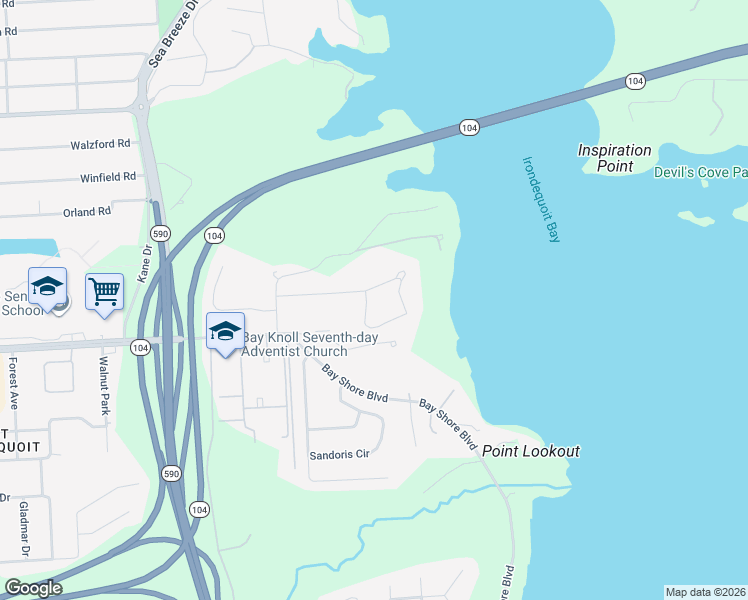 map of restaurants, bars, coffee shops, grocery stores, and more near 151 Baycrest Drive in Rochester
