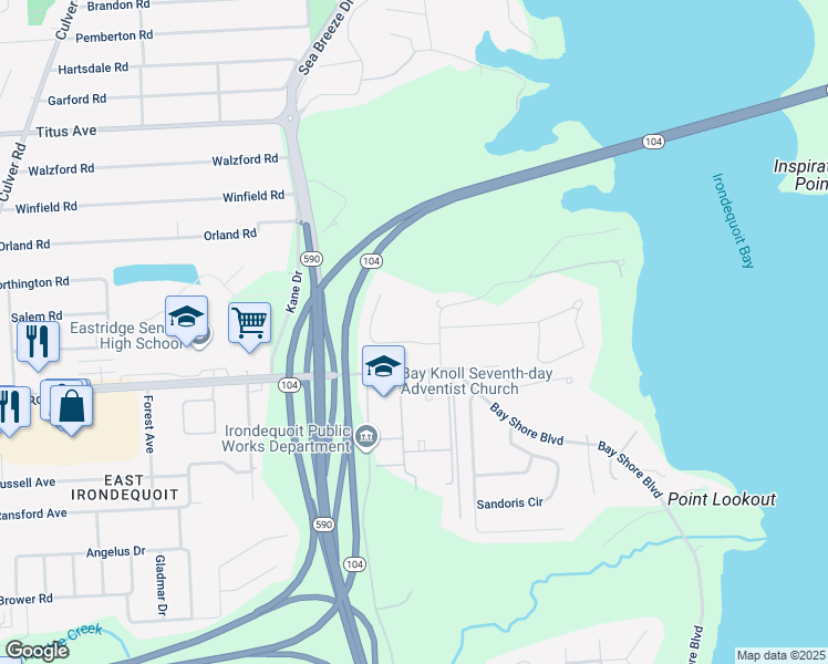 map of restaurants, bars, coffee shops, grocery stores, and more near 120 Bay Knoll Road in Rochester