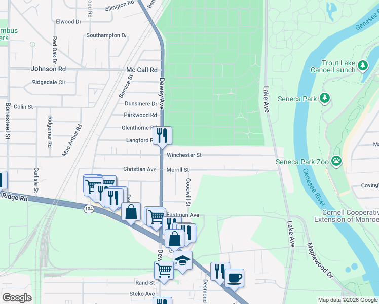 map of restaurants, bars, coffee shops, grocery stores, and more near 282 Winchester Street in Rochester