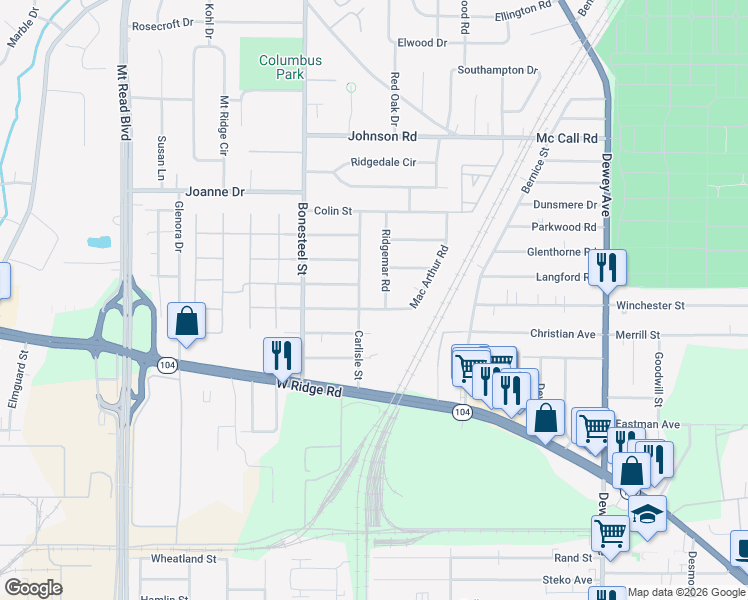 map of restaurants, bars, coffee shops, grocery stores, and more near 142 Carlisle Street in Rochester