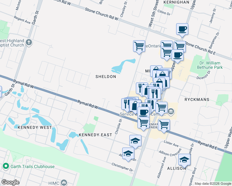 map of restaurants, bars, coffee shops, grocery stores, and more near in Hamilton