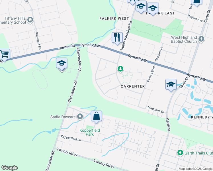 map of restaurants, bars, coffee shops, grocery stores, and more near 47 Redtail Crescent in Hamilton