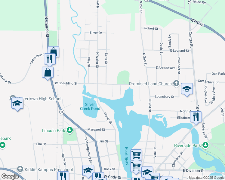map of restaurants, bars, coffee shops, grocery stores, and more near 763 Nelson Lane in Watertown