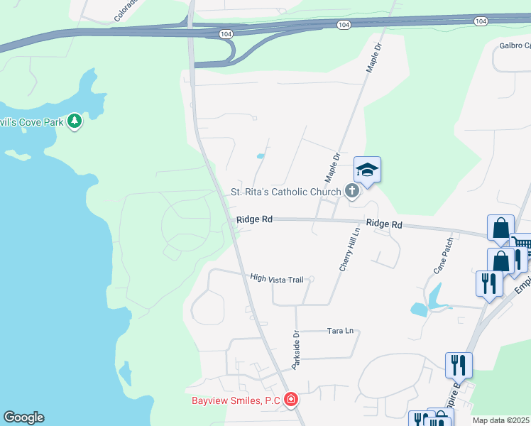map of restaurants, bars, coffee shops, grocery stores, and more near 442 Ridge Road in Webster