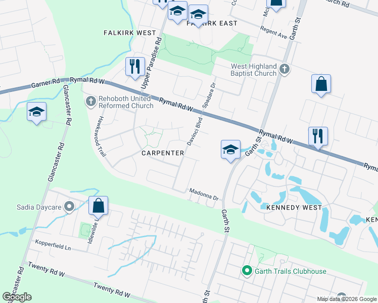 map of restaurants, bars, coffee shops, grocery stores, and more near 83 Davinci Boulevard in Hamilton