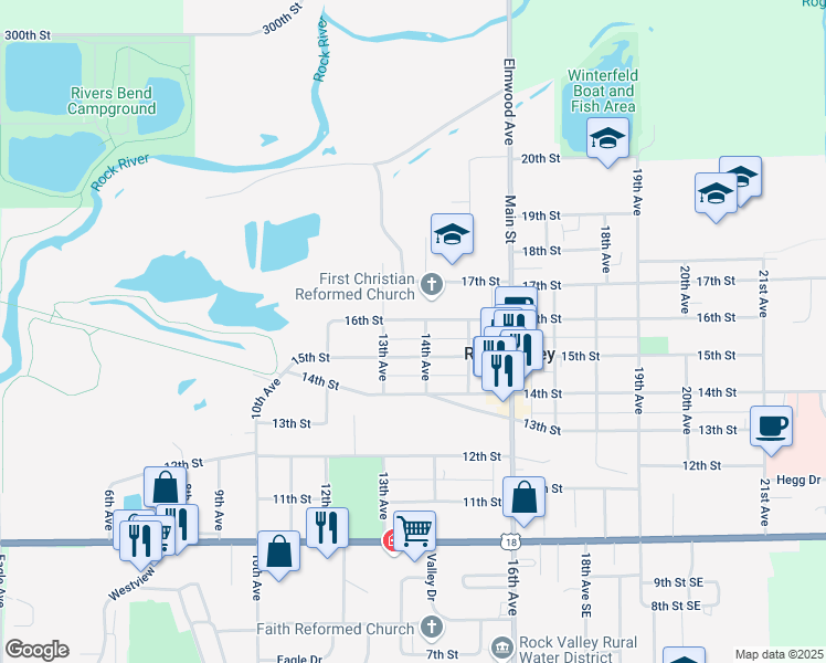 map of restaurants, bars, coffee shops, grocery stores, and more near 1501-1599 14th Avenue in Rock Valley