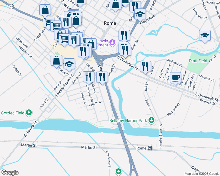 map of restaurants, bars, coffee shops, grocery stores, and more near 221 East Whitesboro Street in Rome