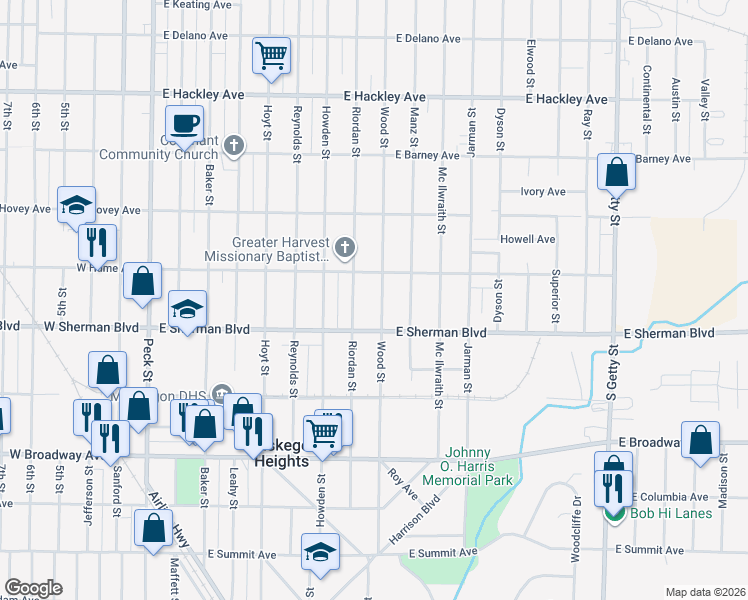 map of restaurants, bars, coffee shops, grocery stores, and more near 2521 Wood Street in Muskegon Heights