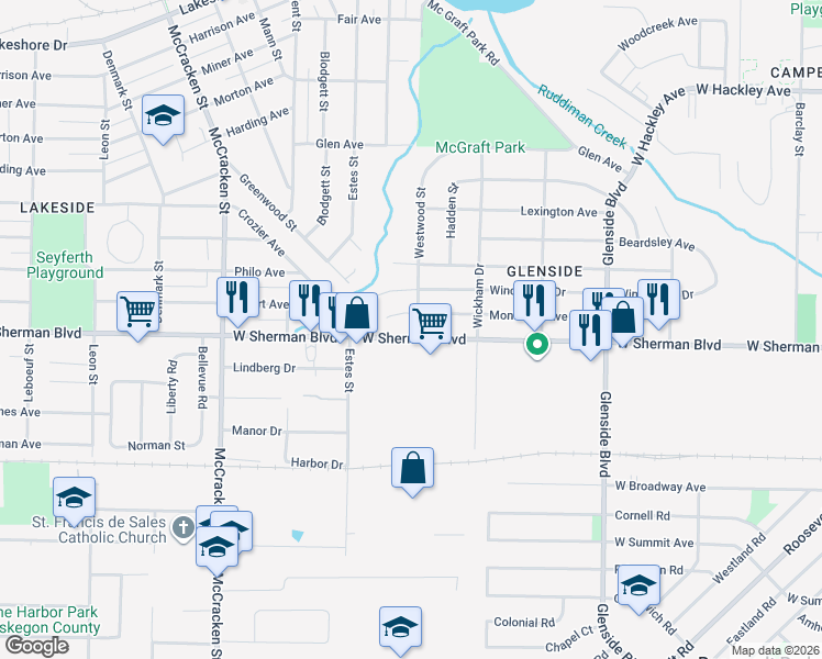 map of restaurants, bars, coffee shops, grocery stores, and more near 1704 West Sherman Boulevard in Muskegon