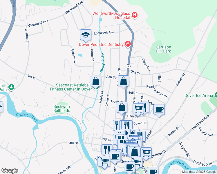map of restaurants, bars, coffee shops, grocery stores, and more near 98 Grove Street in Dover