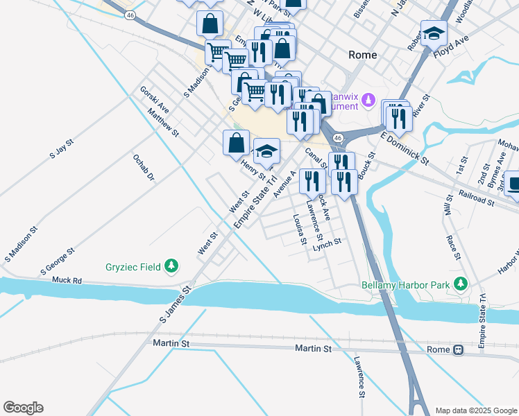 map of restaurants, bars, coffee shops, grocery stores, and more near 437 South James Street in Rome