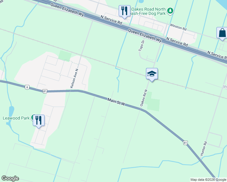 map of restaurants, bars, coffee shops, grocery stores, and more near 32 Cline Road in Grimsby