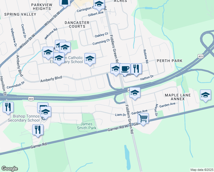 map of restaurants, bars, coffee shops, grocery stores, and more near 411 Knightsbridge Crescent in Hamilton