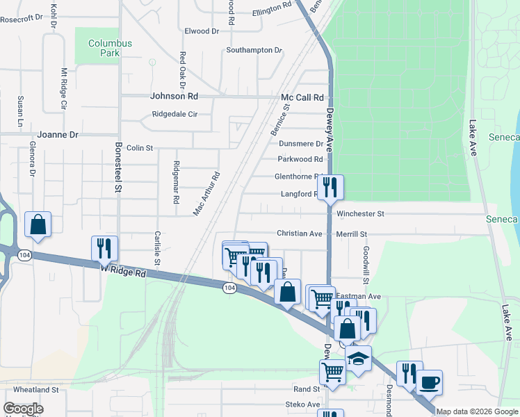 map of restaurants, bars, coffee shops, grocery stores, and more near 494 Winchester Street in Rochester