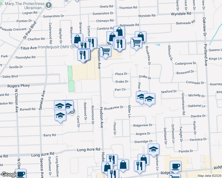 map of restaurants, bars, coffee shops, grocery stores, and more near 24 Parr Cir in Rochester