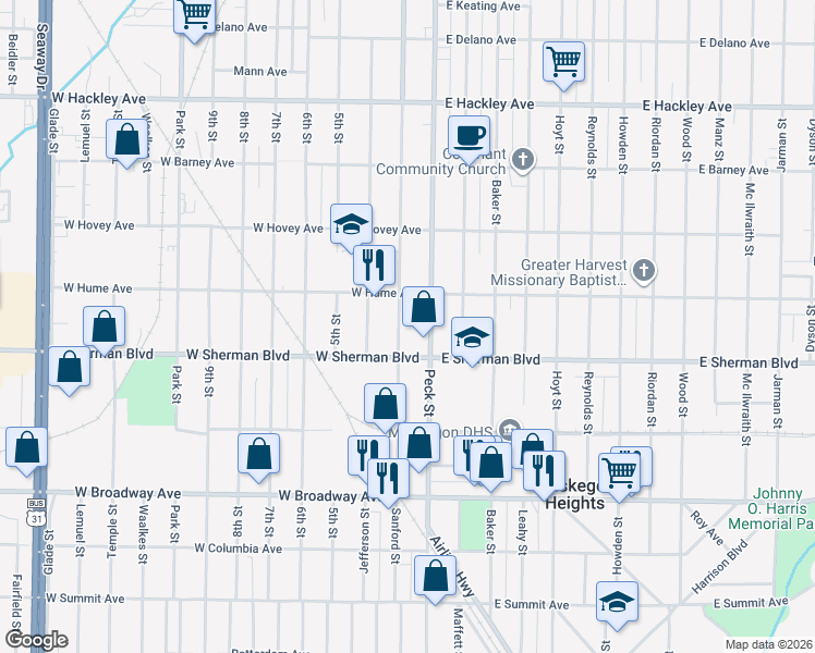 map of restaurants, bars, coffee shops, grocery stores, and more near 2524 Sanford Street in Muskegon Heights