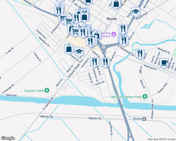 map of restaurants, bars, coffee shops, grocery stores, and more near 404 Depeyster Street in Rome