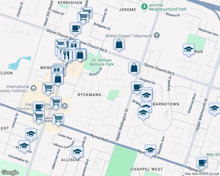 map of restaurants, bars, coffee shops, grocery stores, and more near 26 Como Place in Hamilton