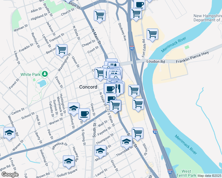 map of restaurants, bars, coffee shops, grocery stores, and more near 1 Capitol Street in Concord