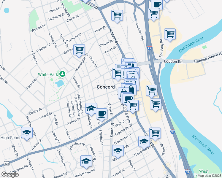 map of restaurants, bars, coffee shops, grocery stores, and more near 33 Capitol Street in Concord