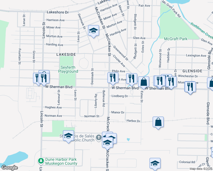map of restaurants, bars, coffee shops, grocery stores, and more near 2591 Mc Cracken Street in Muskegon