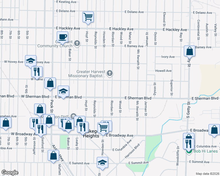 map of restaurants, bars, coffee shops, grocery stores, and more near 2521 Riordan Street in Muskegon Heights