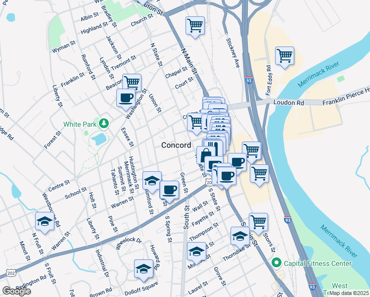 map of restaurants, bars, coffee shops, grocery stores, and more near 33 Capitol Street in Concord