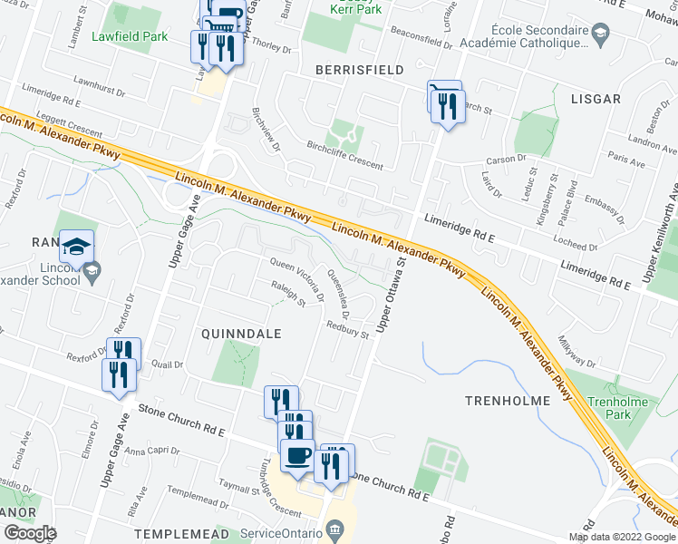 map of restaurants, bars, coffee shops, grocery stores, and more near 35 Queenslea Drive in Hamilton