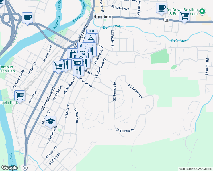 map of restaurants, bars, coffee shops, grocery stores, and more near 1368 Southeast Overlook Avenue in Roseburg