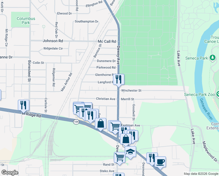 map of restaurants, bars, coffee shops, grocery stores, and more near 386 Winchester St in Rochester
