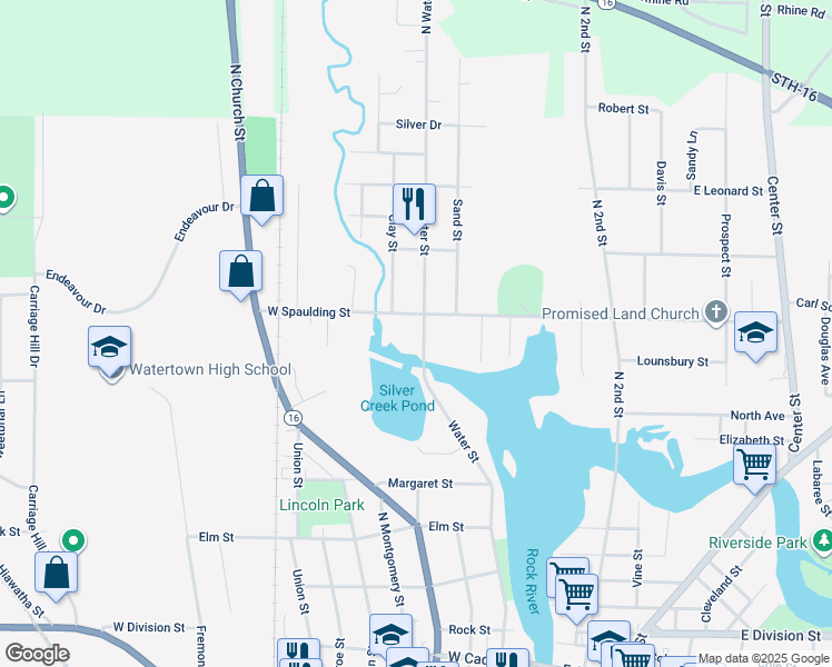 map of restaurants, bars, coffee shops, grocery stores, and more near 760 Water Street in Watertown