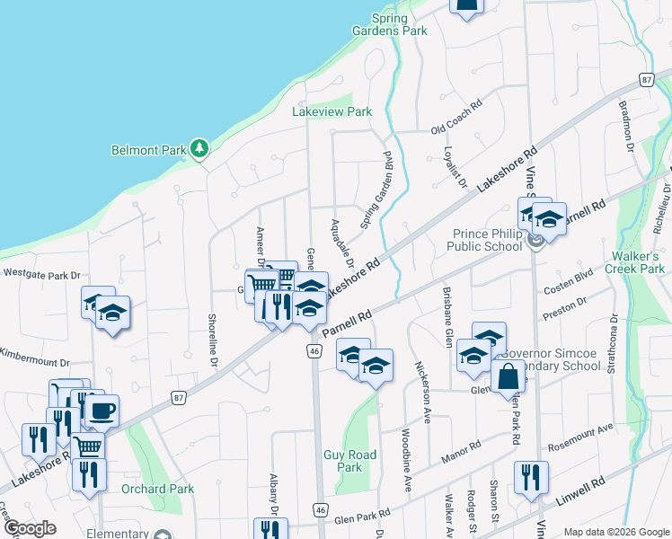 map of restaurants, bars, coffee shops, grocery stores, and more near 7 Aquadale Drive in St. Catharines