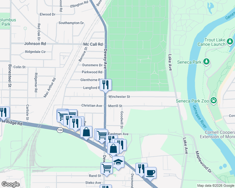 map of restaurants, bars, coffee shops, grocery stores, and more near 282 Winchester Street in Rochester