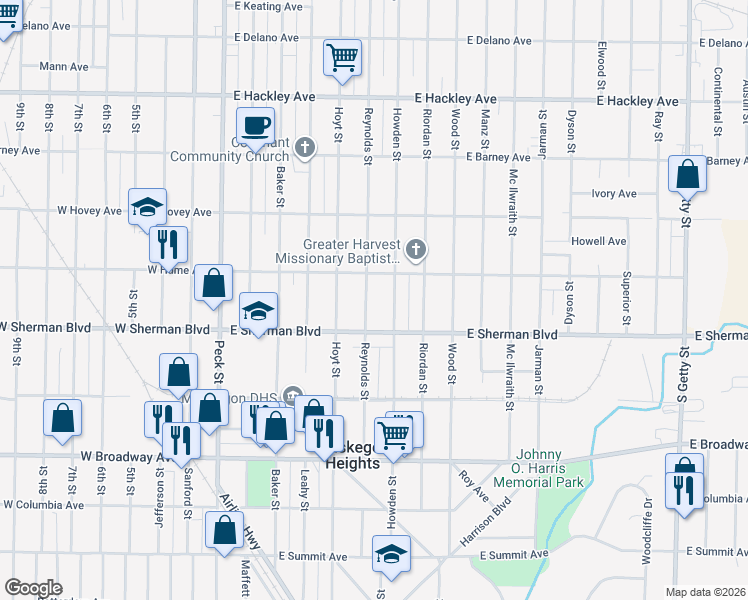 map of restaurants, bars, coffee shops, grocery stores, and more near 2522 Reynolds Street in Muskegon Heights