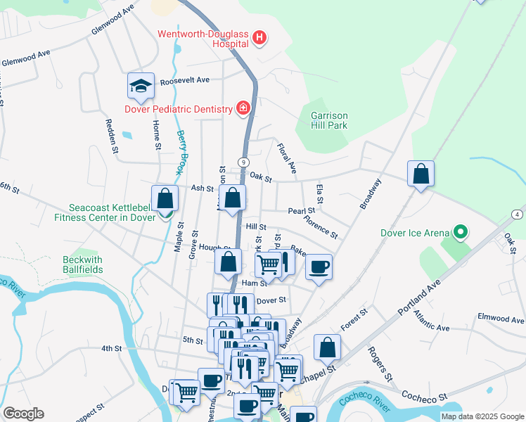 map of restaurants, bars, coffee shops, grocery stores, and more near 35 Pearl Street in Dover