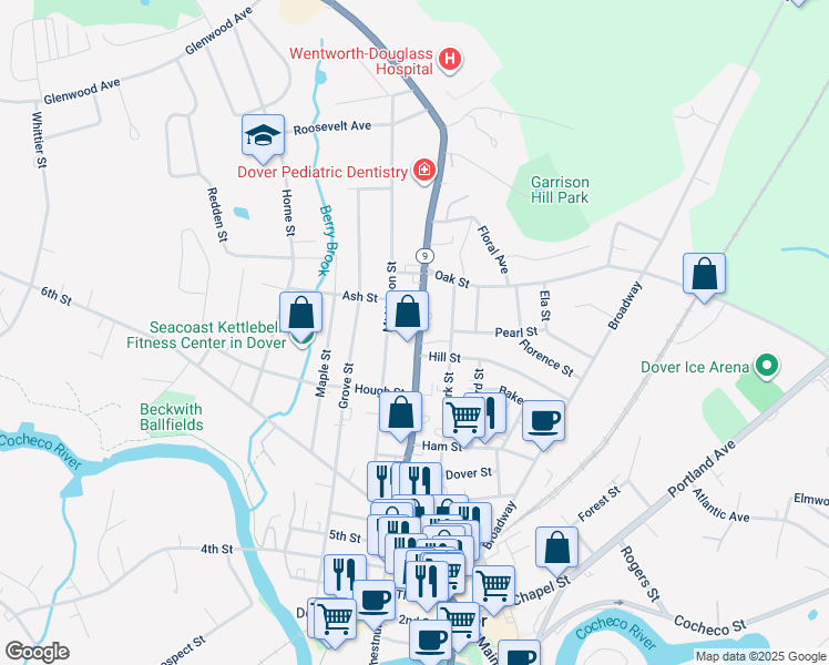 map of restaurants, bars, coffee shops, grocery stores, and more near 661 Central Avenue in Dover
