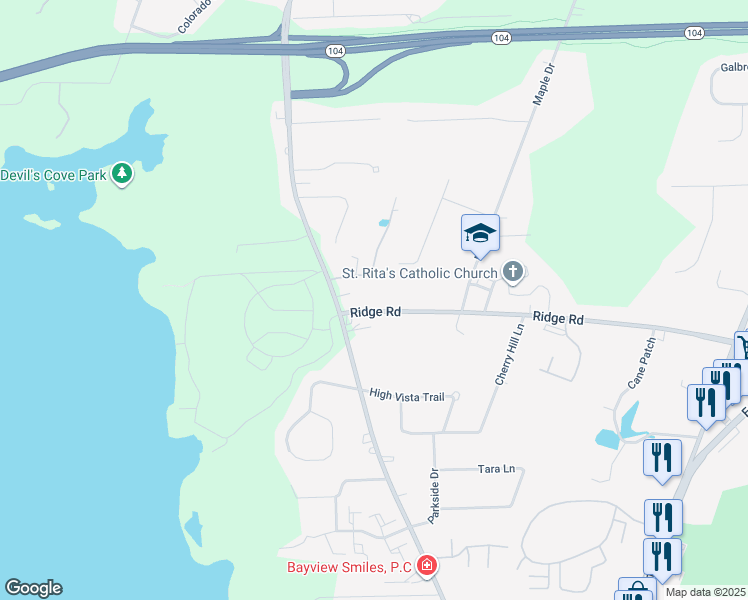 map of restaurants, bars, coffee shops, grocery stores, and more near 442 Ridge Road in Webster